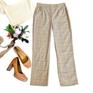 Lulus Women's Dress Pants Size Large Cream Tan Blue Plaid Herringbone Trousers